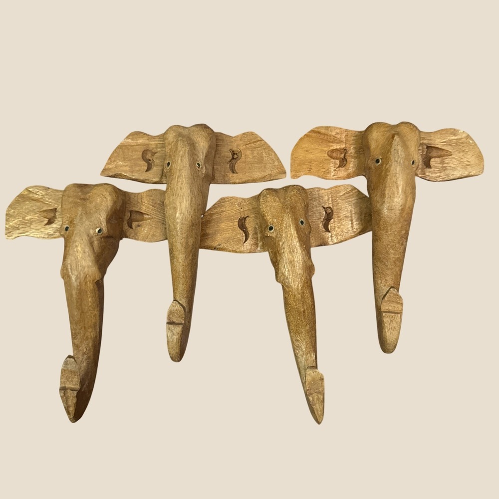 Vintage Hand Carved Wood Elephant Head Wall Hooks India Set of 4 70s Bohemian